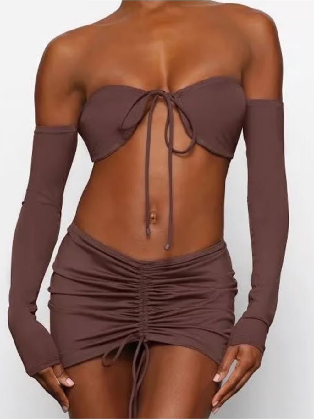 SKIMS Chocolate Brown Long Sleeve Bikini Top Off Shoulder Swimwear NWT Medium